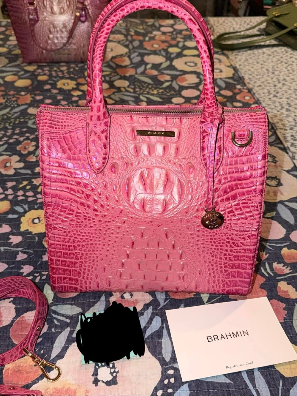 Brahmin Hot Pink Croc-Embossed Leather Satchel with Top Handles